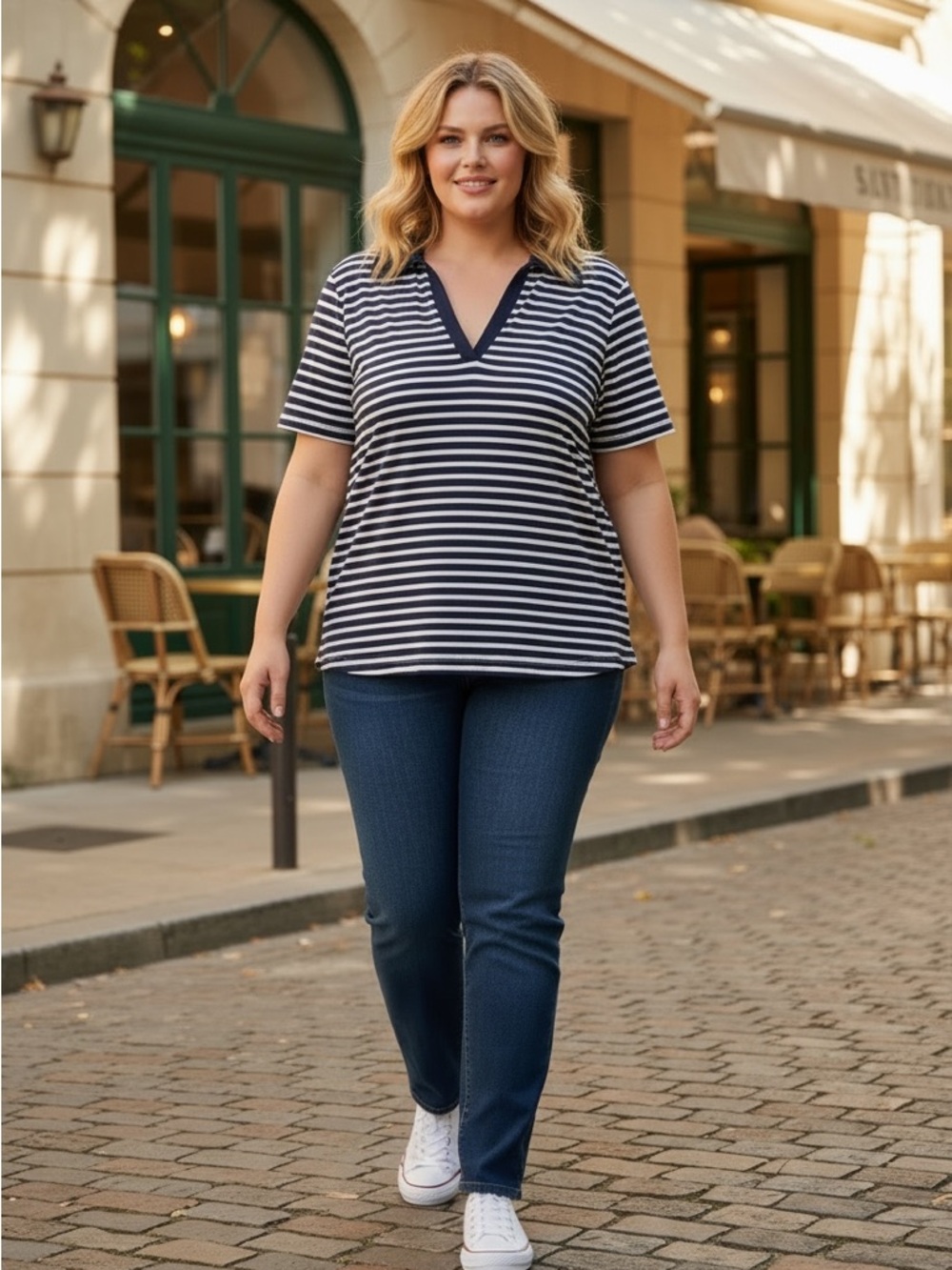 Ava & Viv Navy and White Striped V-Neck 2x top